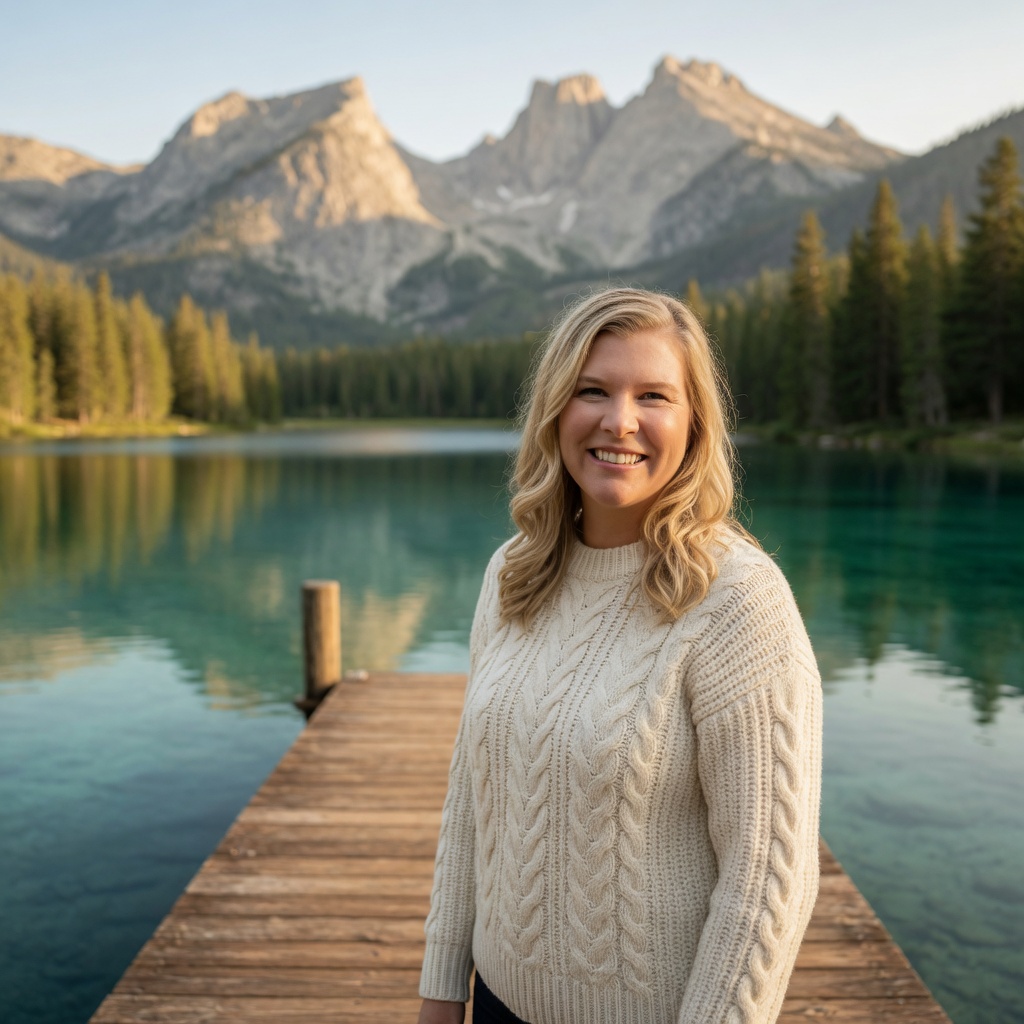 Meredith Herr, mortgage advisor at Lake Tahoe Mortgage, on a lakeside dock at golden hour